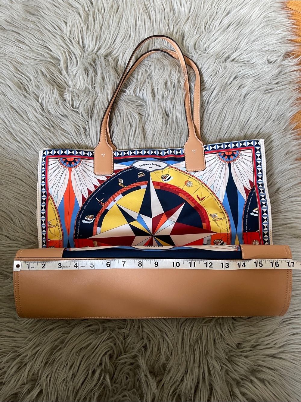 Tory Burch Multicolor Compass Graphic Tote with Tan Leather Handles - Picture 13 of 13